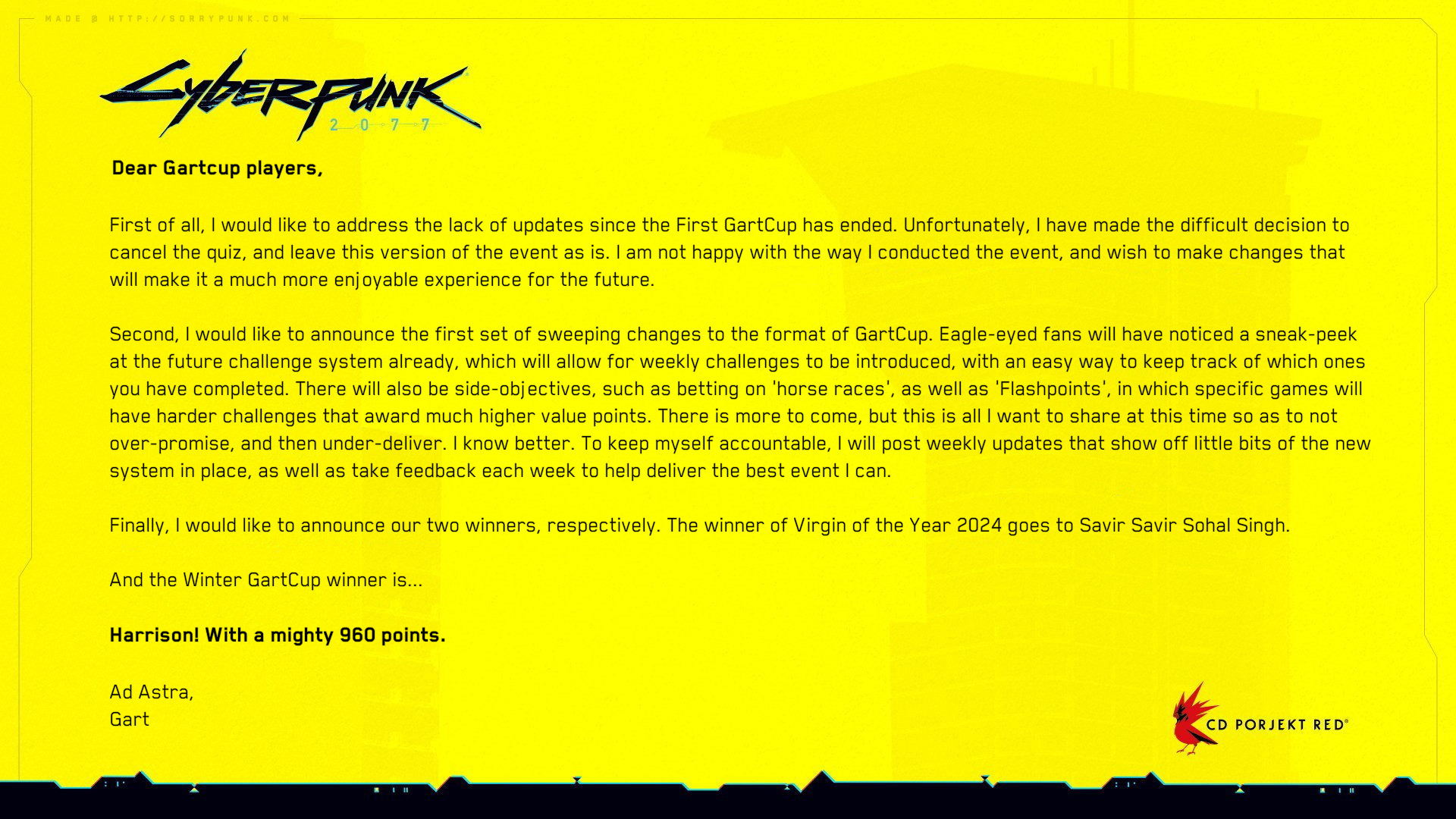 A tweet from gart apologizing for gartcup schedule.